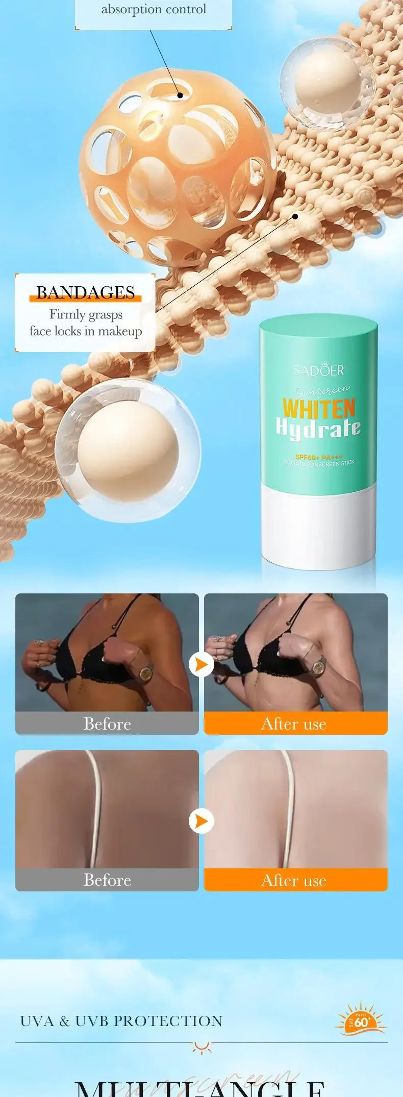 Protector solar SPF 60+, protección solar de larga duración, bloqueador