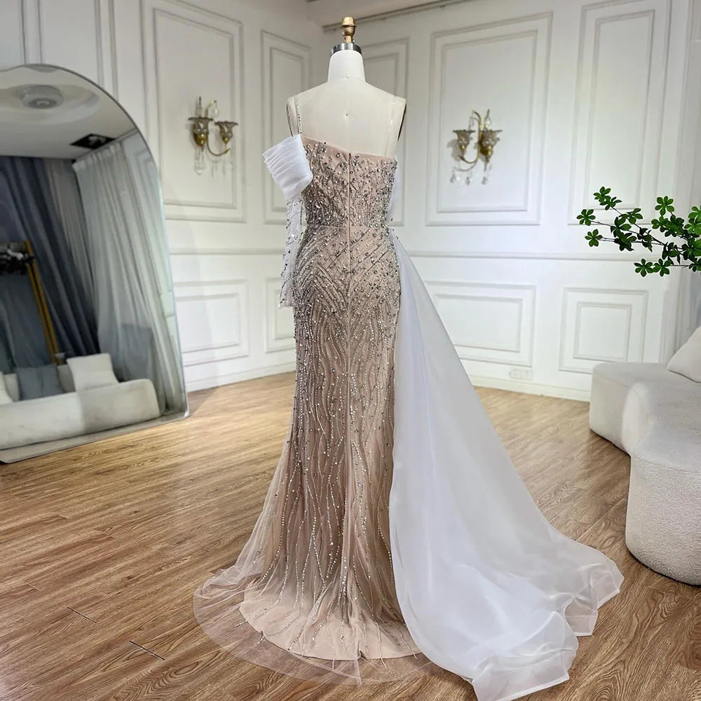 vestidos de noche de un hombro, sirena azul, perlas