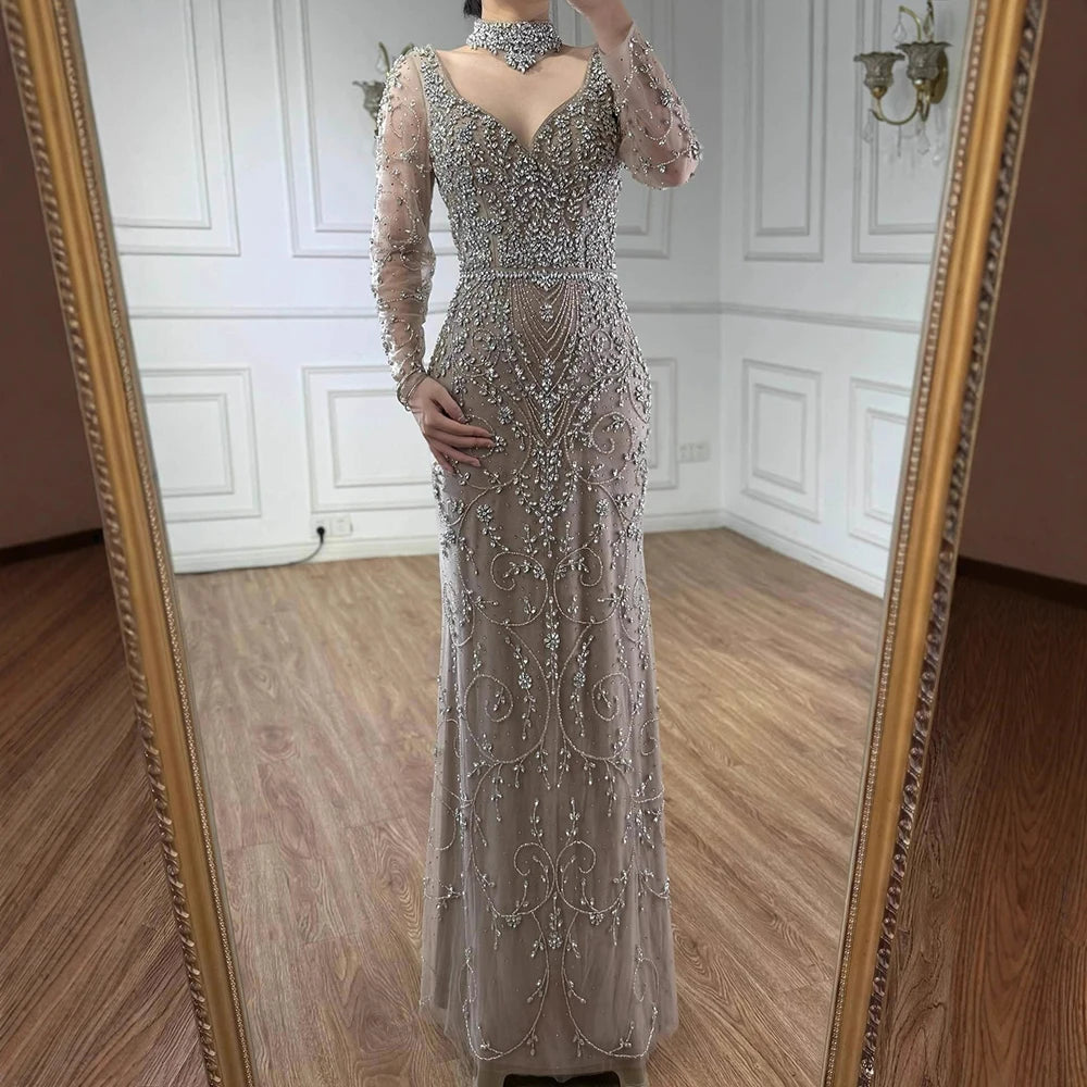 vestido de noche de sirena de cristal con cuentas de caramelo,