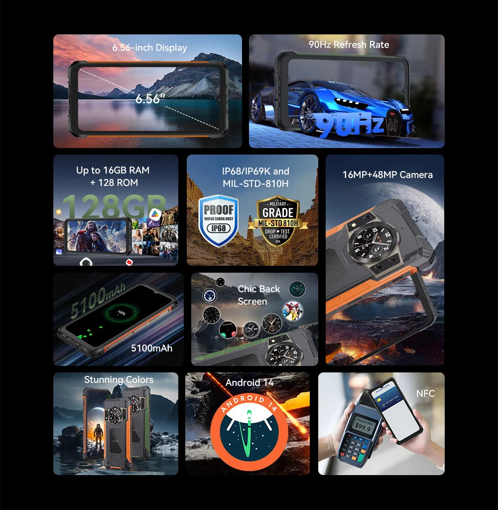 Smartphone ultrafino y resistente con Android 14, 16GB de RAM ,