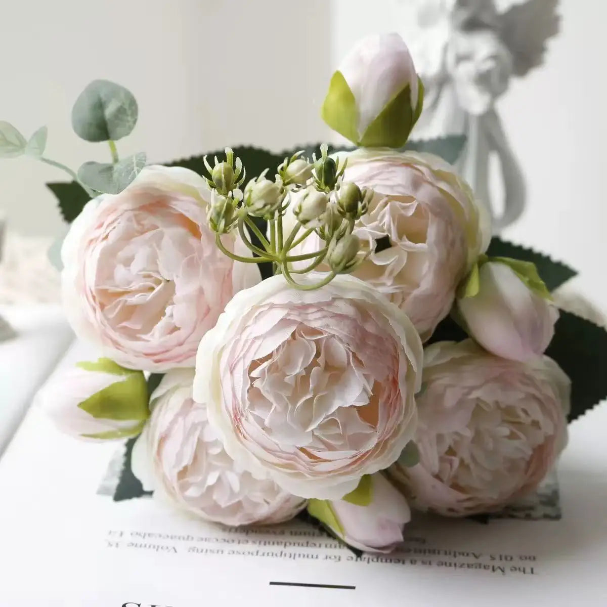 Ramo de flores artificiales de peonía de seda rosa de 30cm, 5 cabezas grandes