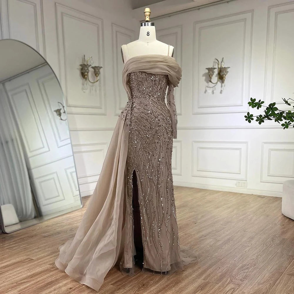 vestidos de noche de un hombro, sirena azul, perlas