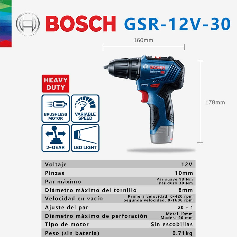 Bosch-Taladro Inalámbrico recargable GSR 12V-30