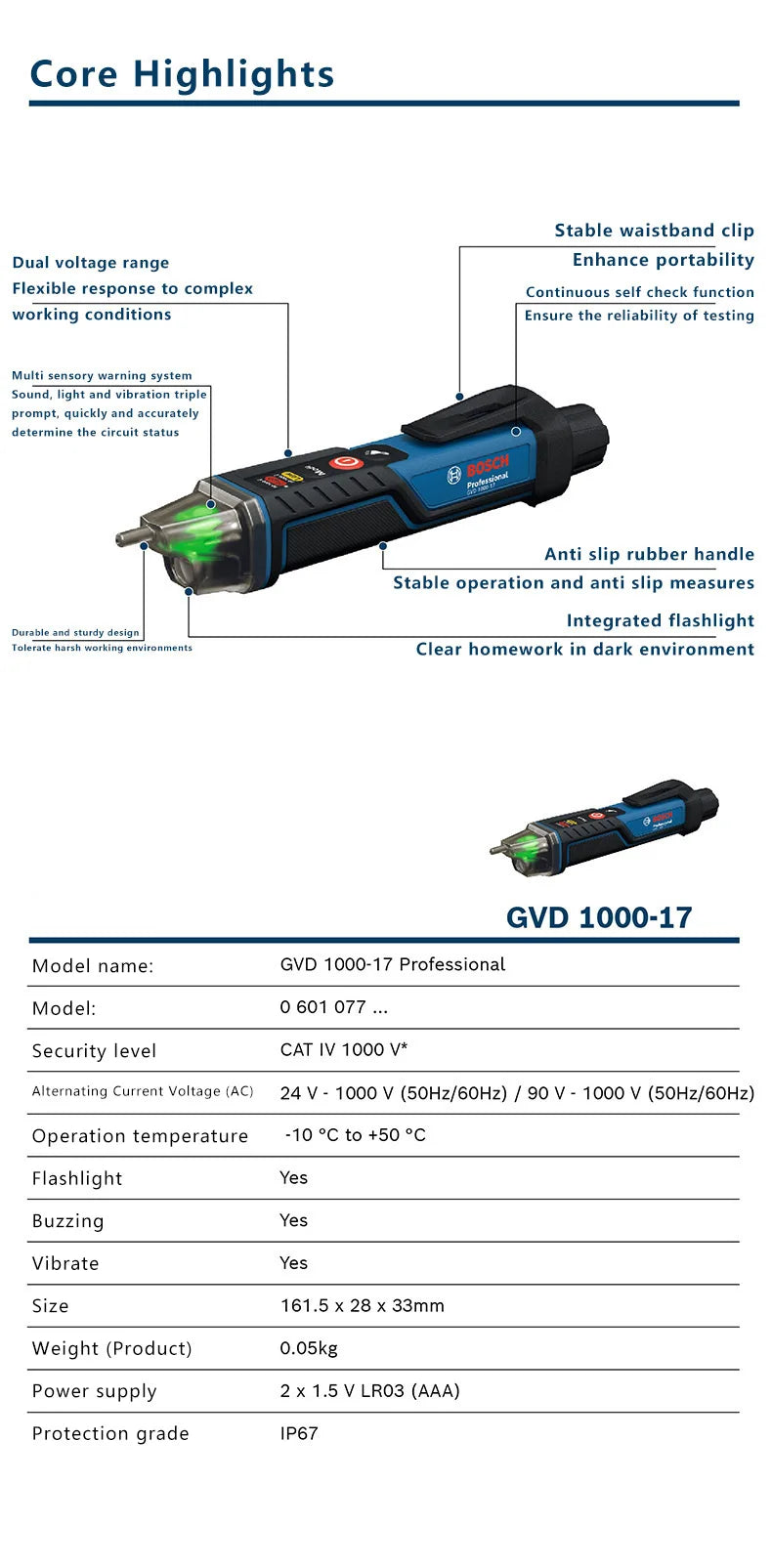 BOSCH GVD 1000-17 probador de voltaje profesional sin contacto