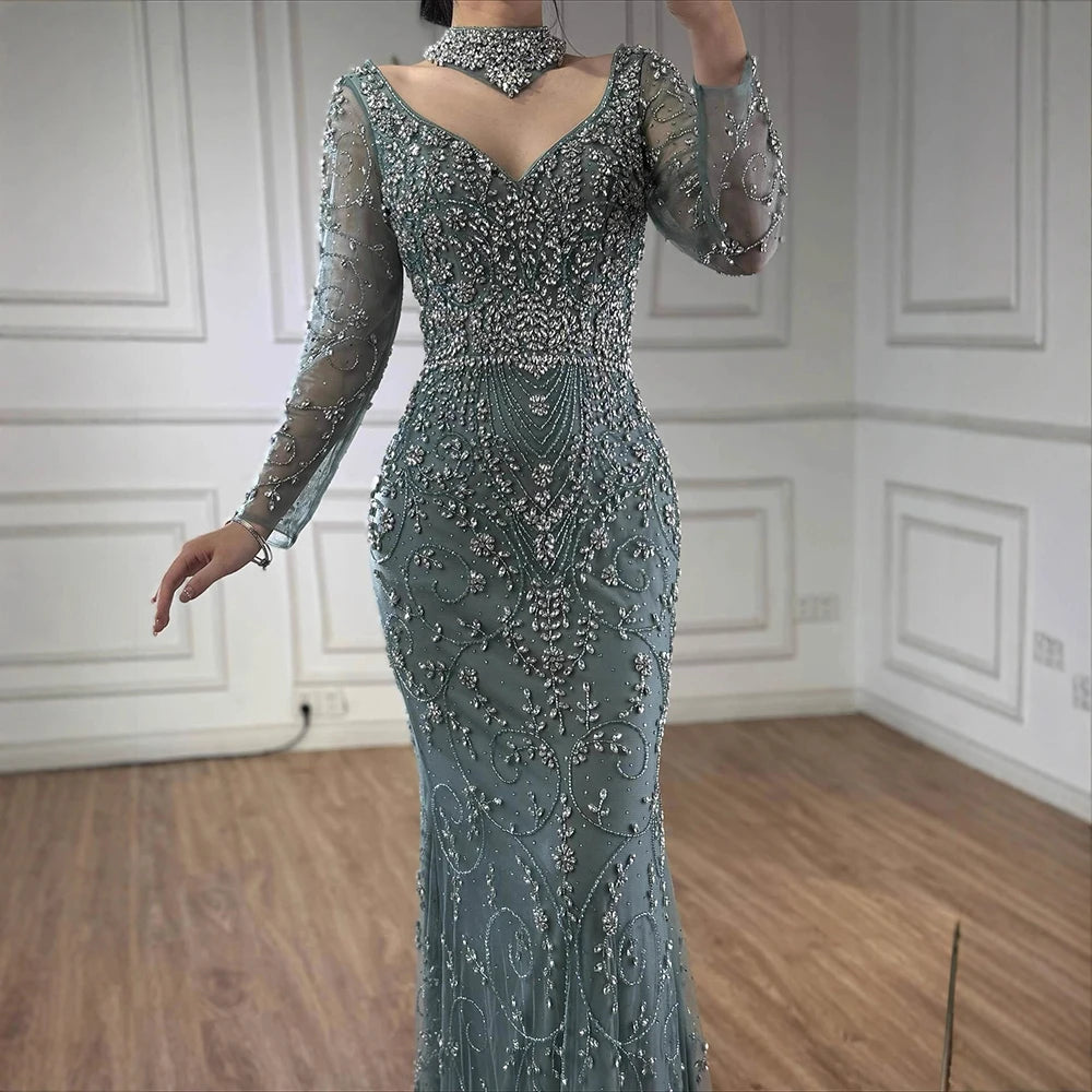 vestido de noche de sirena de cristal con cuentas de caramelo,