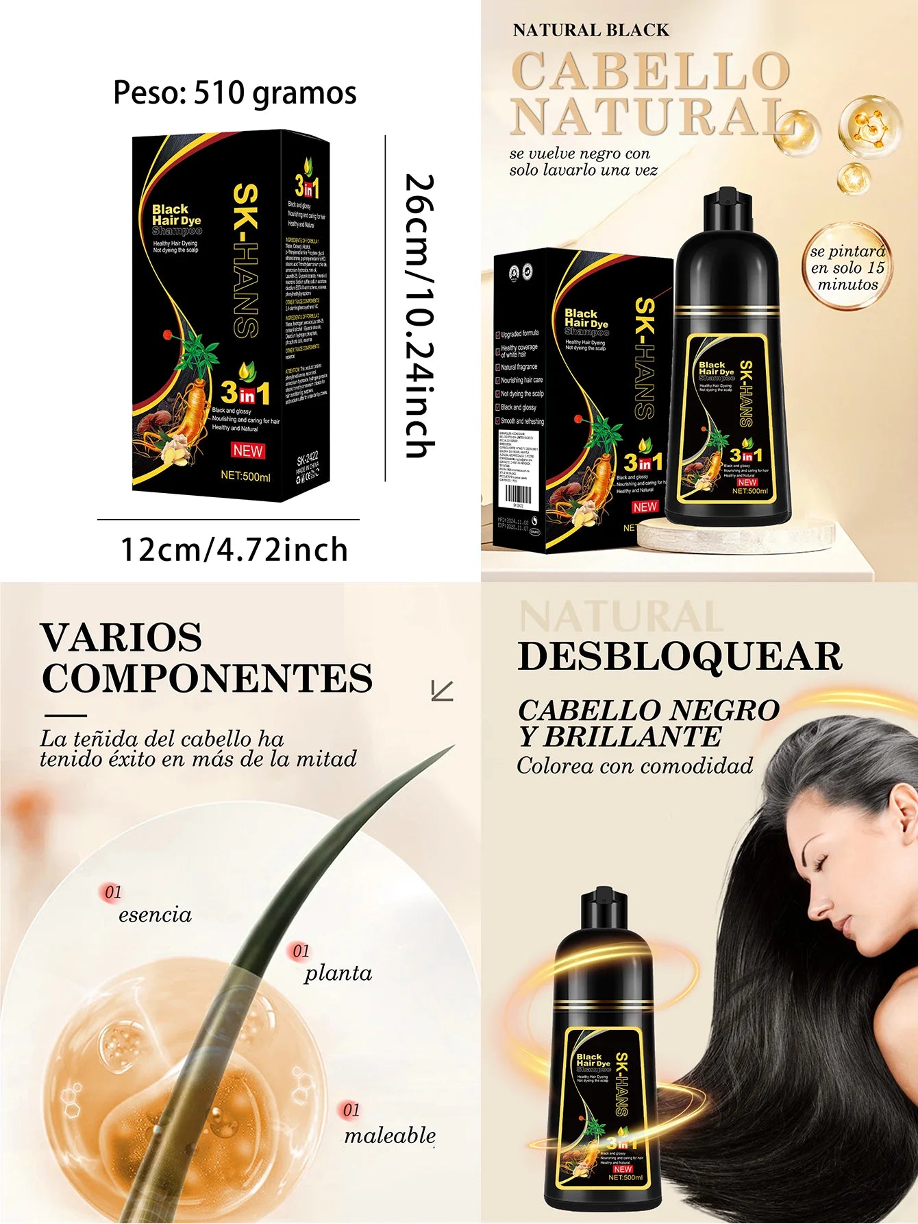 Shampoo para Teñir El Cabello Negro 3 en 1