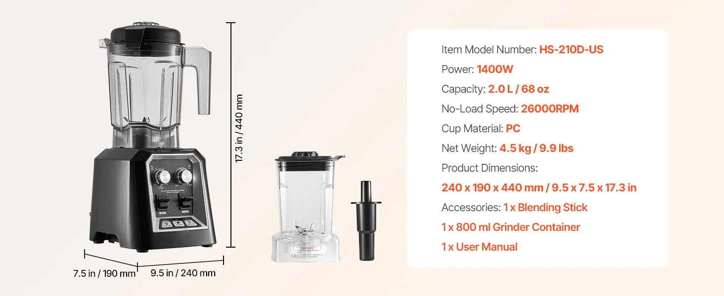 Licuadora para batidos Licuadora de 68 oz y 1400 W