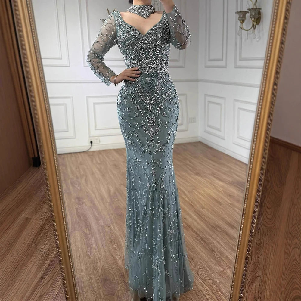 vestido de noche de sirena de cristal con cuentas de caramelo,