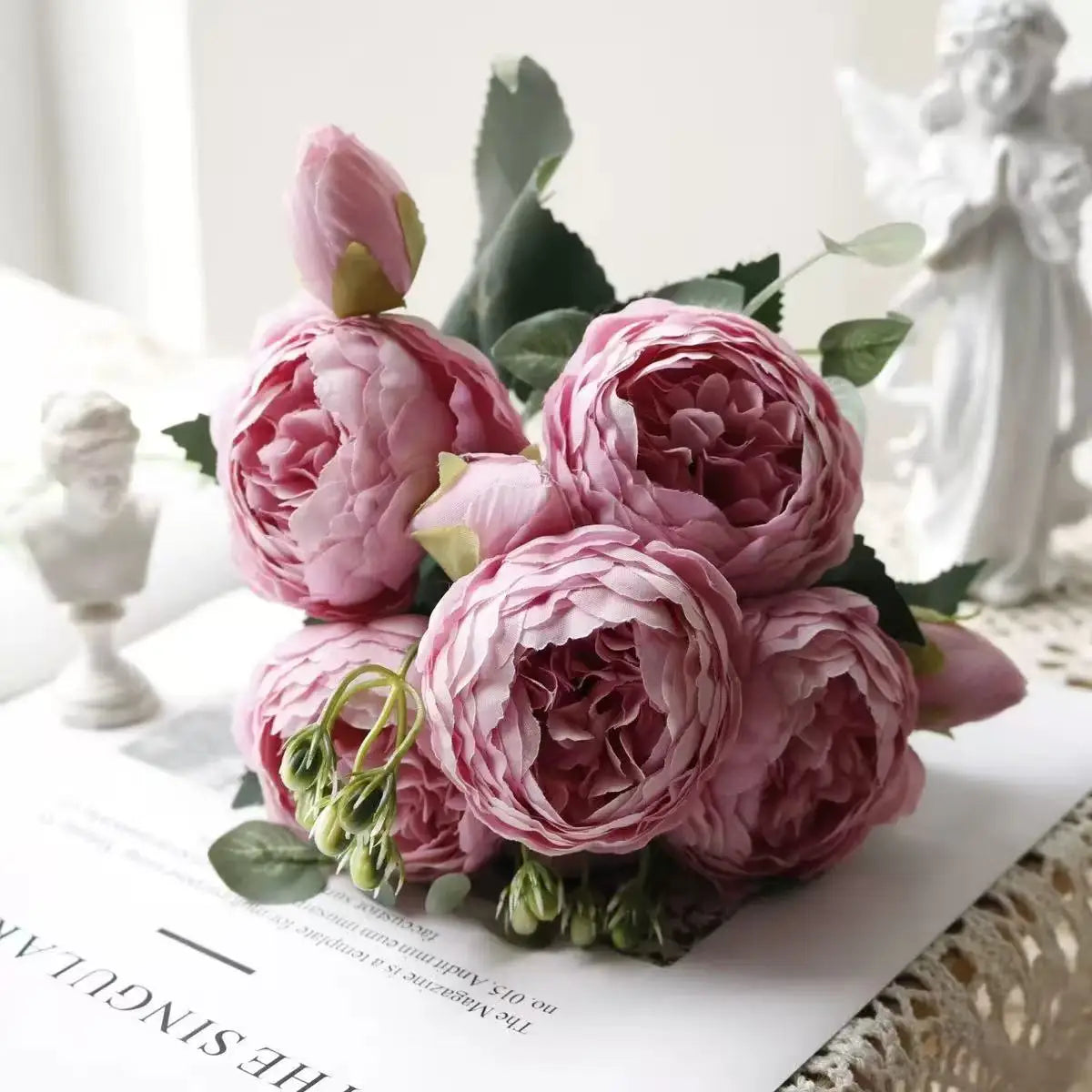 Ramo de flores artificiales de peonía de seda rosa de 30cm, 5 cabezas grandes