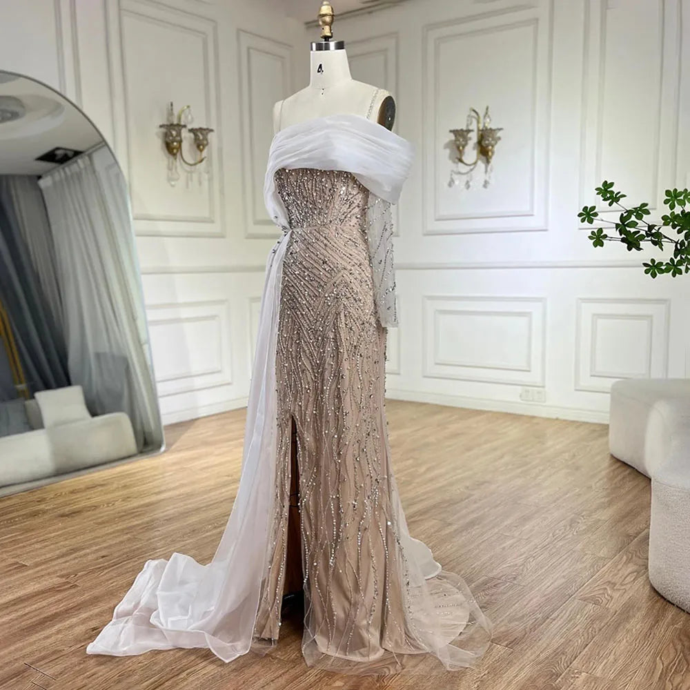 vestidos de noche de un hombro, sirena azul, perlas