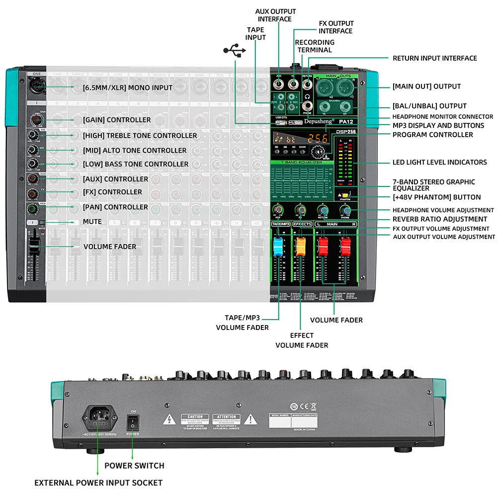 Mezclador de sonido de Audio de 6/8/12/16 canales