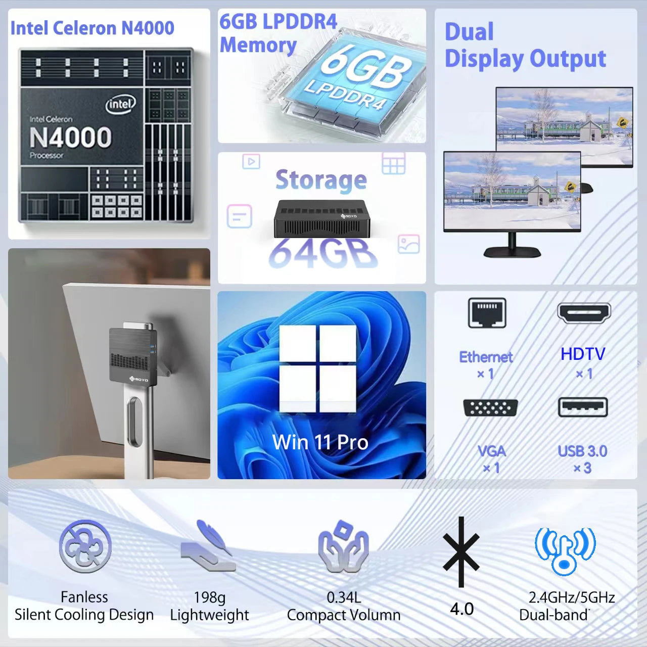 Mini PC Intel N4000 CPU 6G RAM 64G