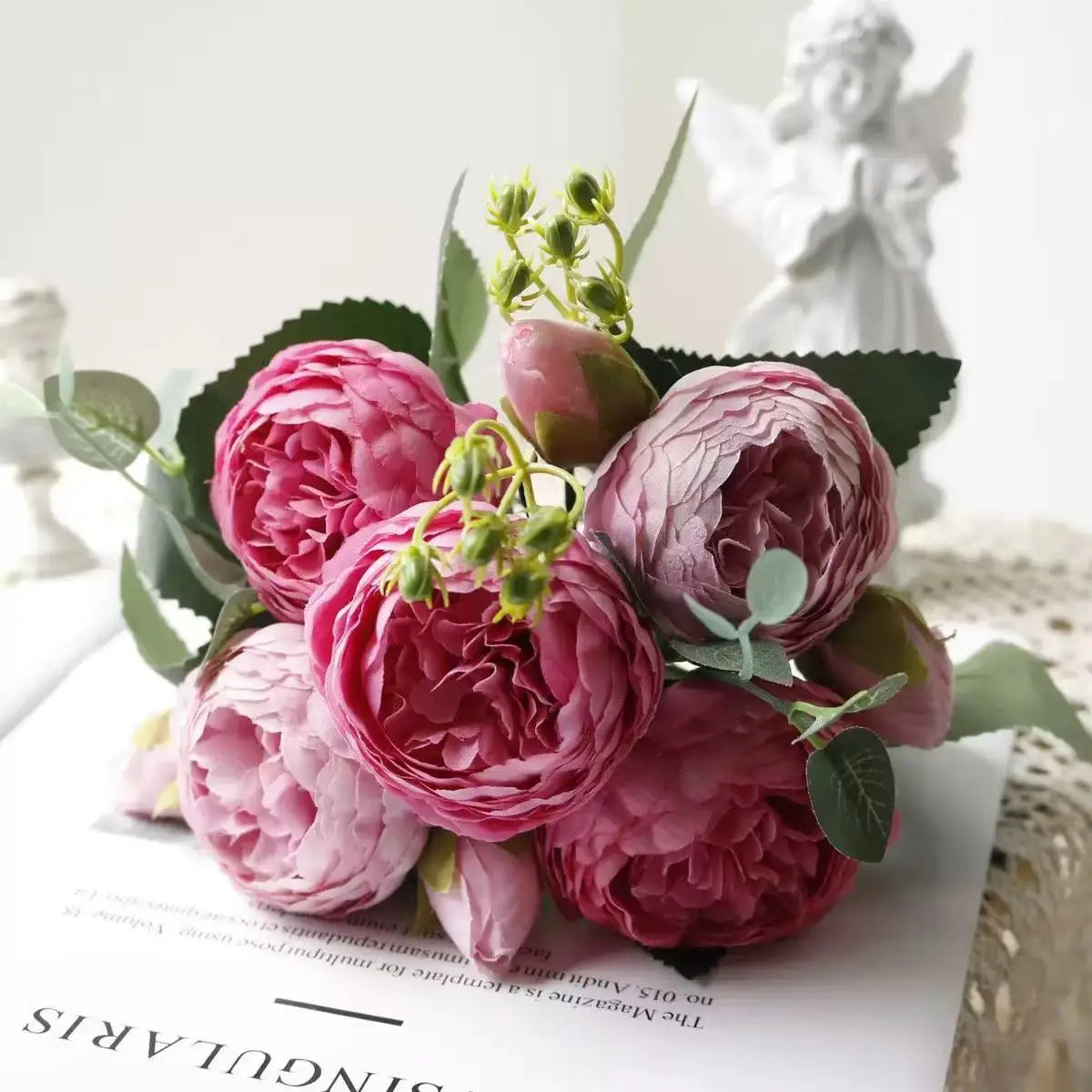 Ramo de flores artificiales de peonía de seda rosa de 30cm, 5 cabezas grandes