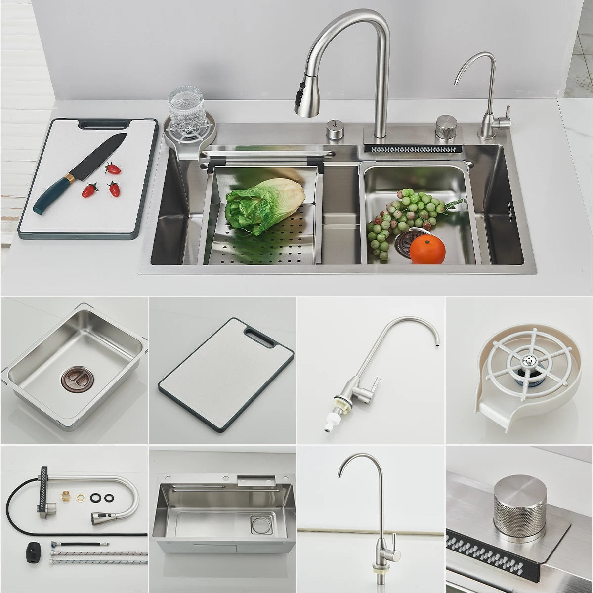 Fregadero de cocina de cascada de acero inoxidable