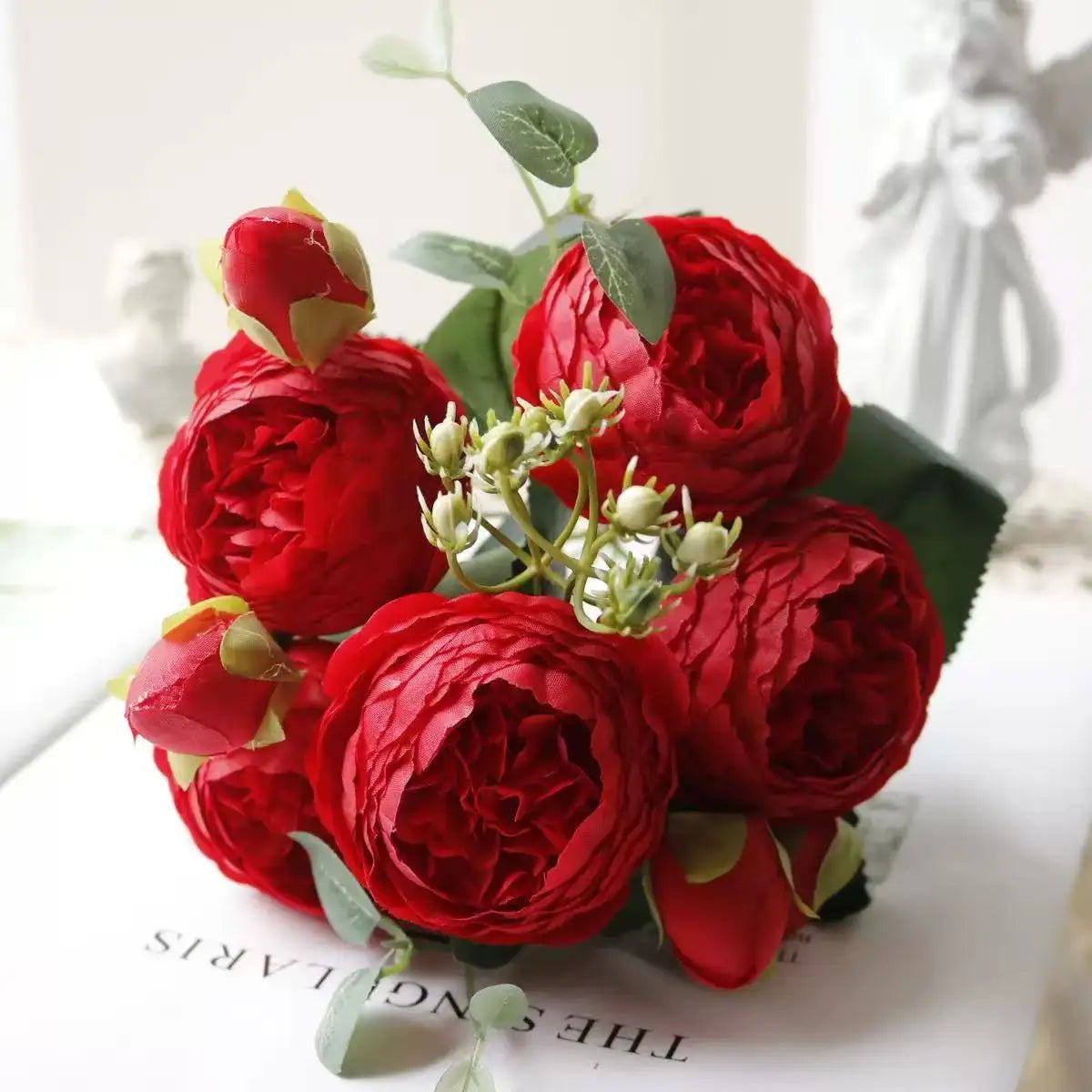 Ramo de flores artificiales de peonía de seda rosa de 30cm, 5 cabezas grandes