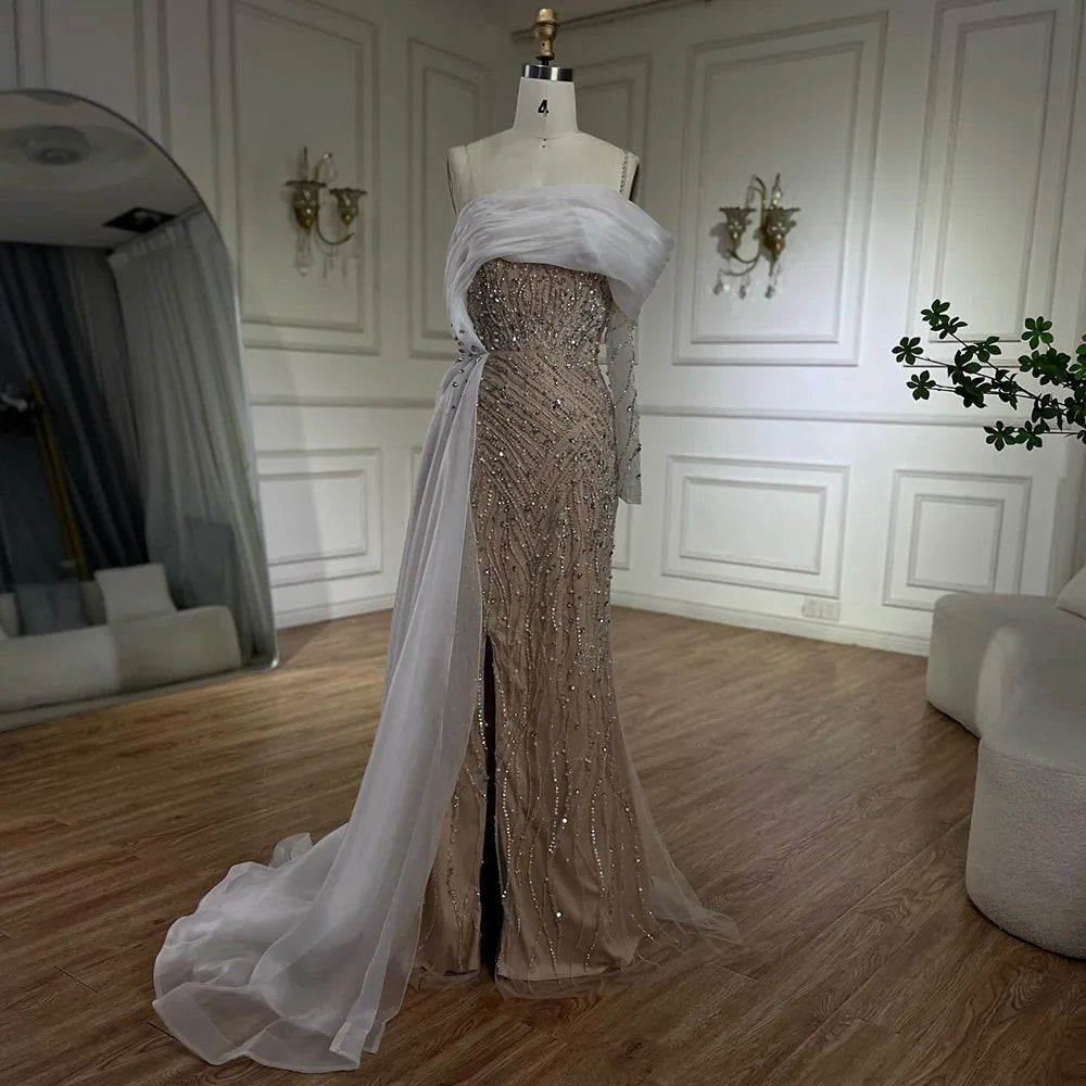 vestidos de noche de un hombro, sirena azul, perlas