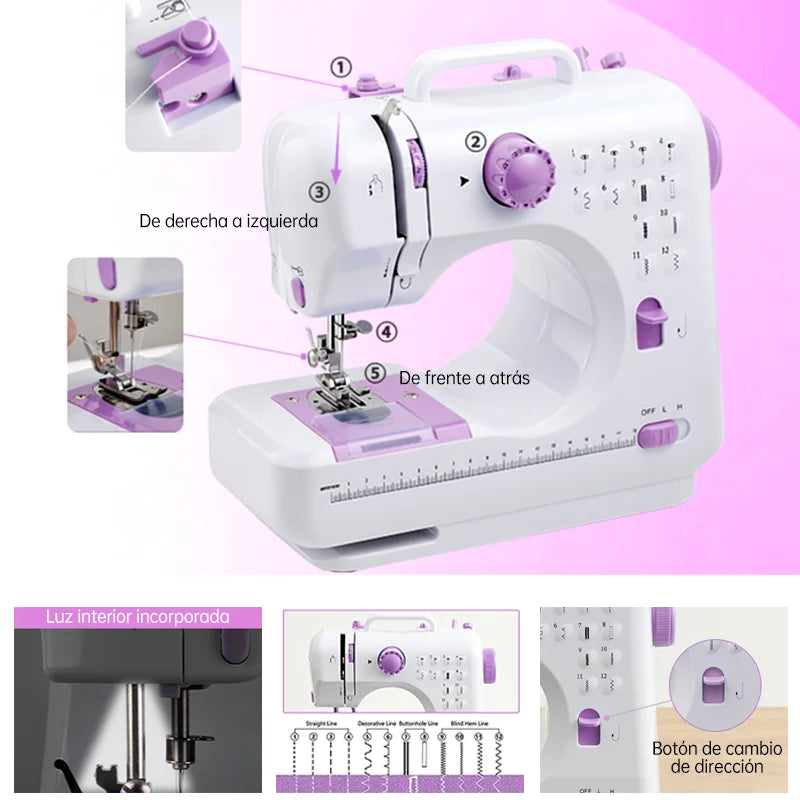Máquina de coser compacta con pedal de control de velocidad, 12 puntadas