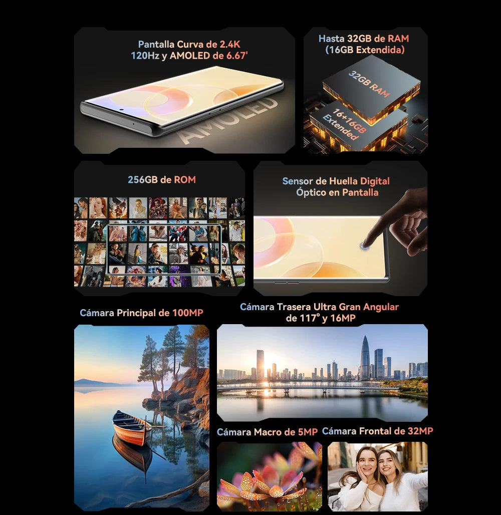 Teléfono inteligente Android 14, Pantalla curva 120 Hz, 32 GB de RAM (16 GB + 16 GB extendido), 256 G