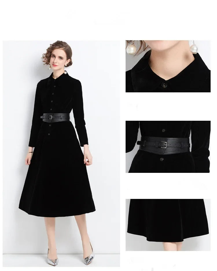 Vestido negro de terciopelo de estilo británico,