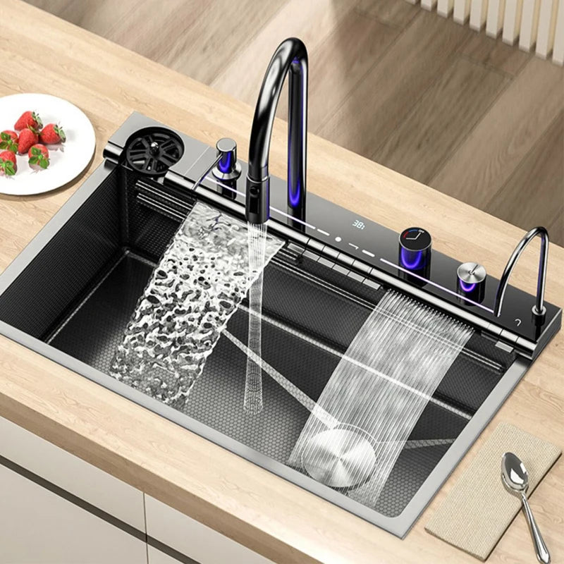 Fregadero de cocina de cascada de acero inoxidable