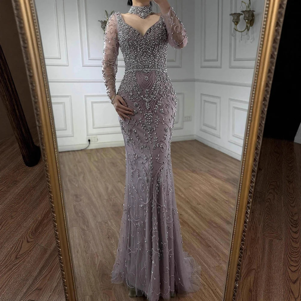 vestido de noche de sirena de cristal con cuentas de caramelo,