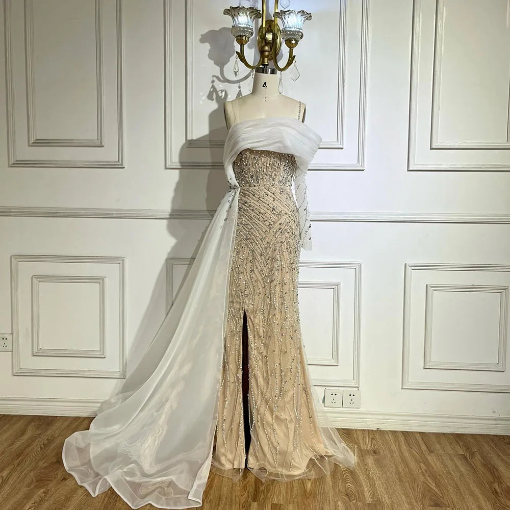 vestidos de noche de un hombro, sirena azul, perlas