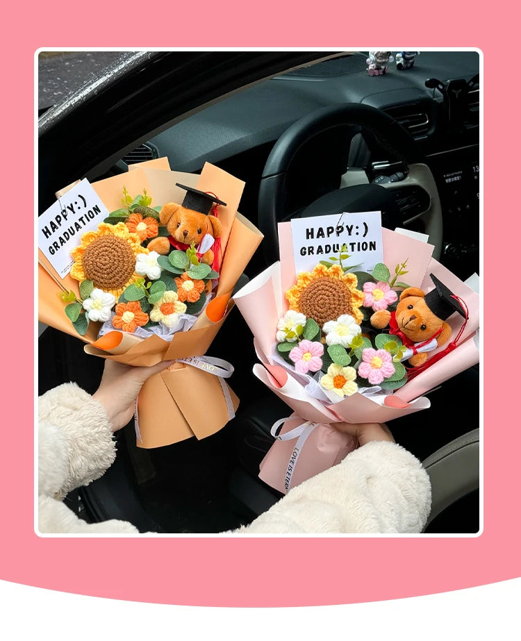 Oso de Peluche Tejido a Mano con Girasoles Artificis, Ramo Creativo para aduación, Regalo Sorpresa para Niños y Adultos ...
