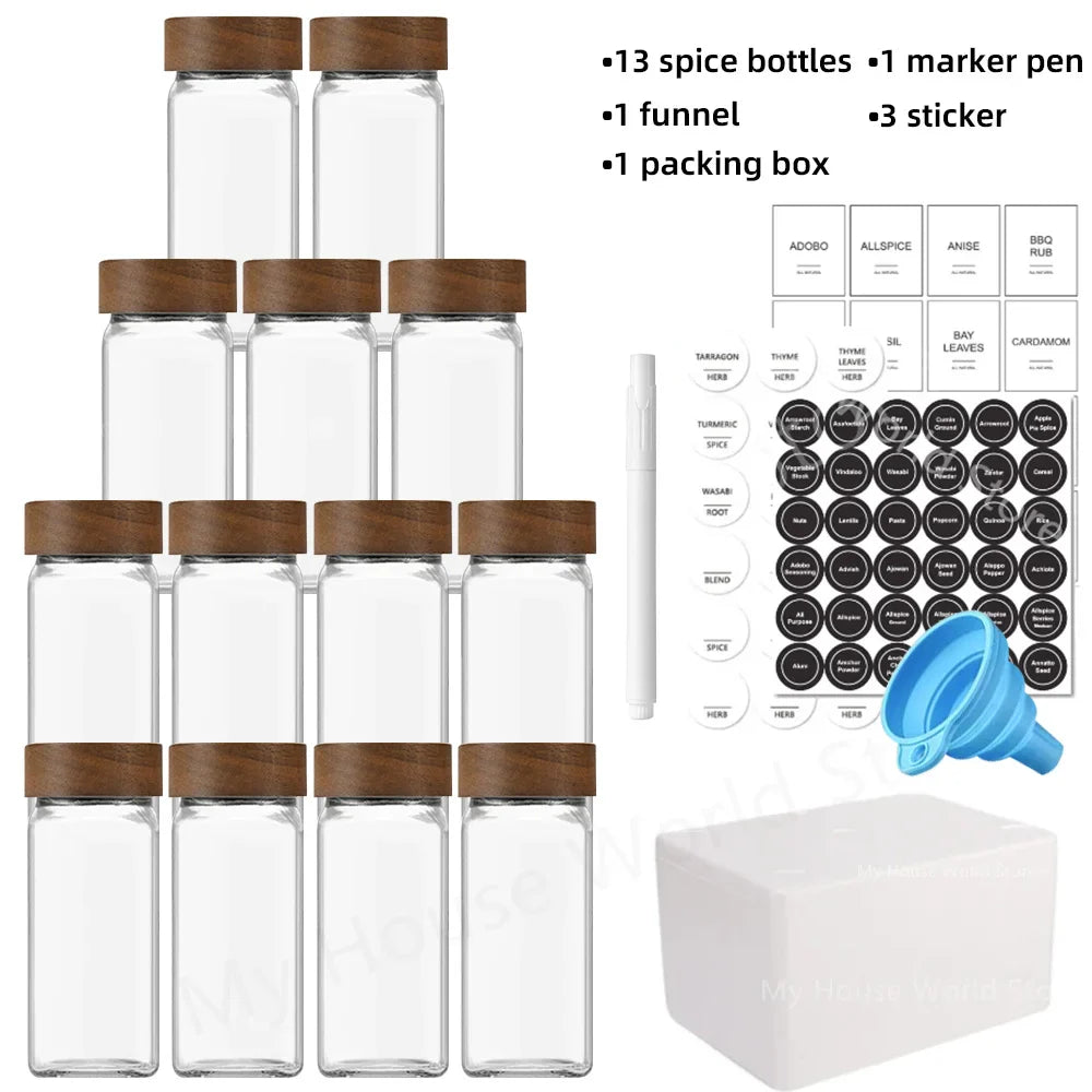 13 frascos de vidrio para especias con tapas de bambú, frascos de 4oz para condimentos, set organizador para especiero, almacenamiento para botellas