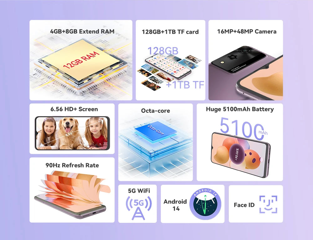 smartphone android, 12 GB de RAM (4 GB + 8 GB ampliados),