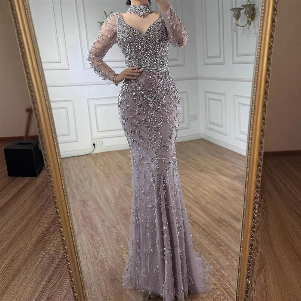 vestido de noche de sirena de cristal con cuentas de caramelo,