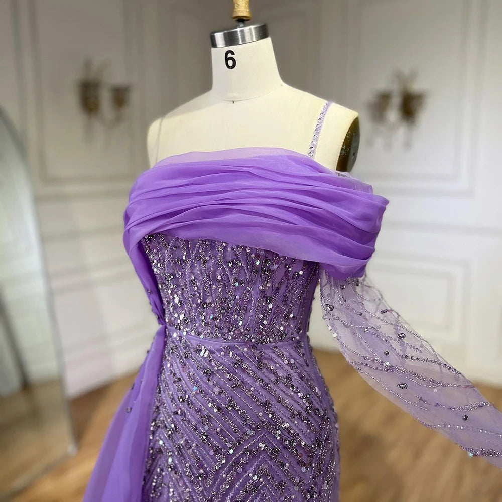 vestidos de noche de un hombro, sirena azul, perlas