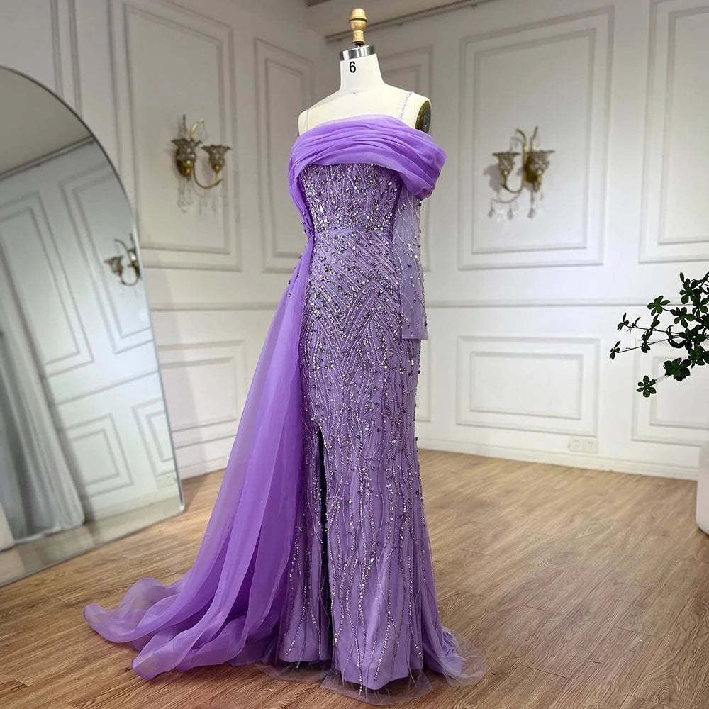 vestidos de noche de un hombro, sirena azul, perlas