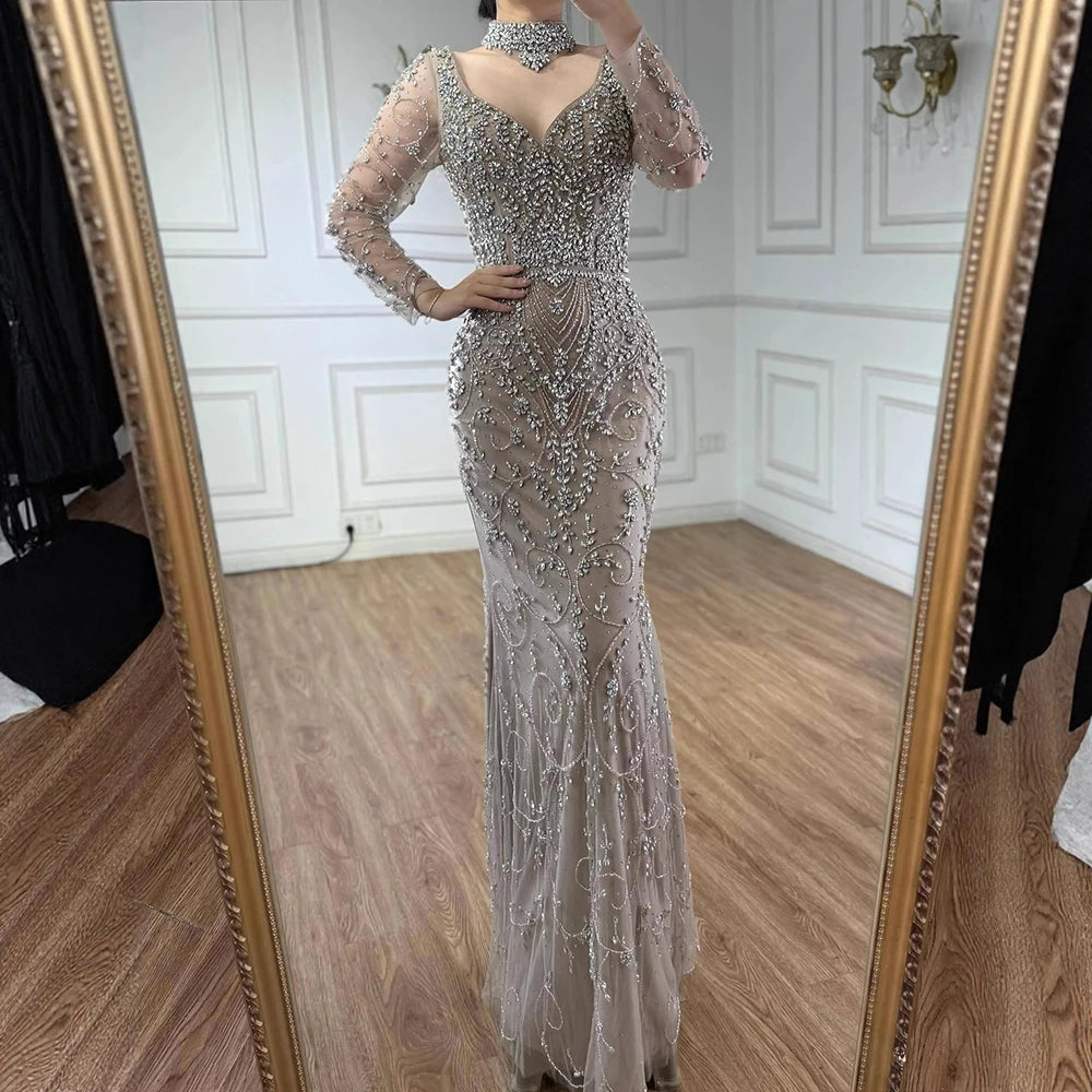 vestido de noche de sirena de cristal con cuentas de caramelo,