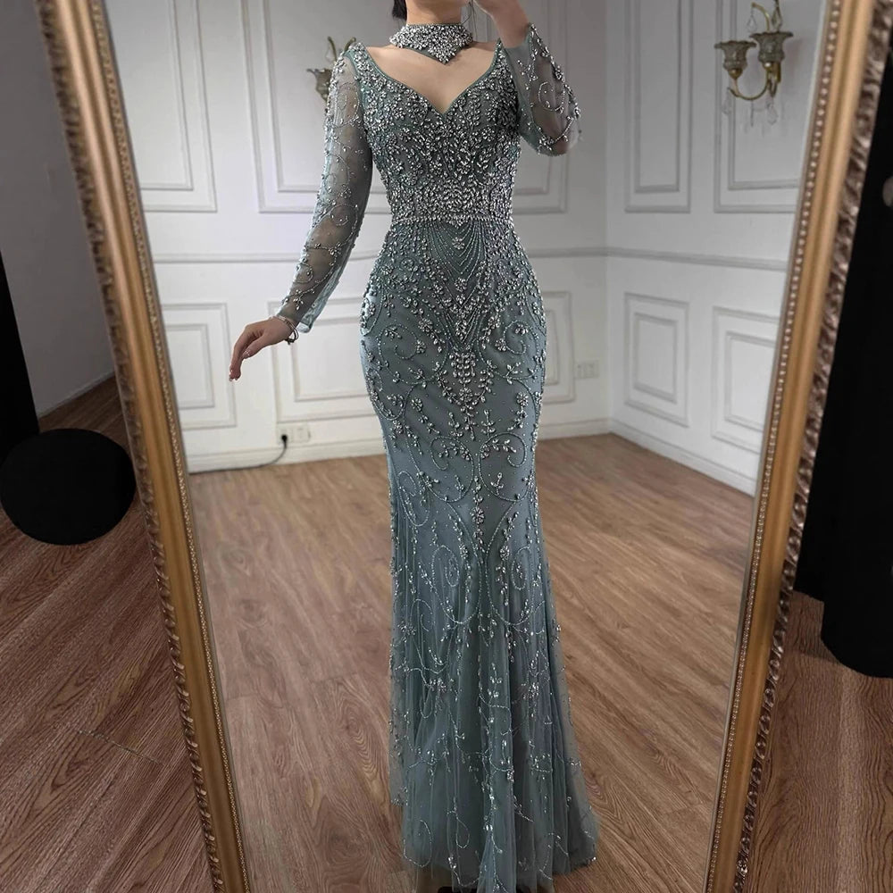 vestido de noche de sirena de cristal con cuentas de caramelo,