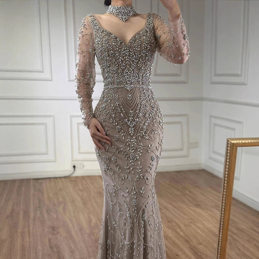 vestido de noche de sirena de cristal con cuentas de caramelo,
