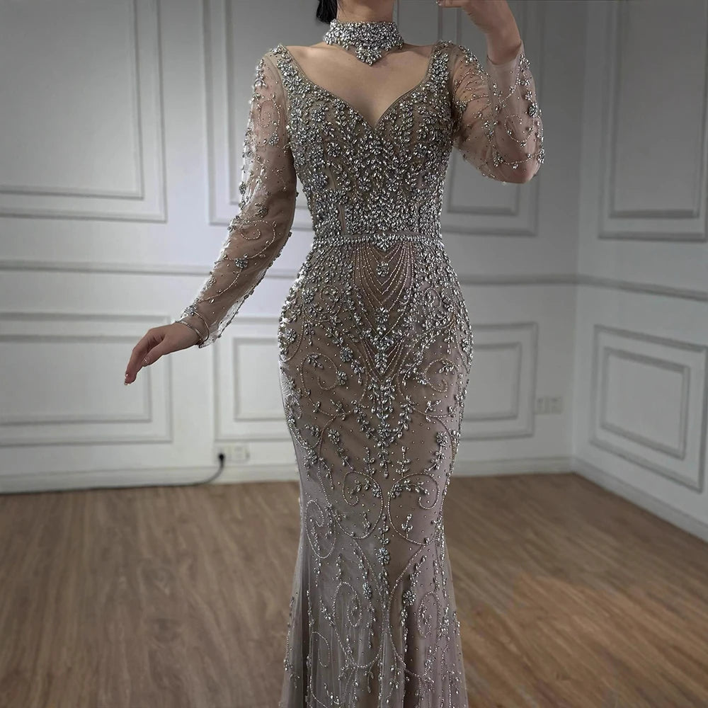 vestido de noche de sirena de cristal con cuentas de caramelo,