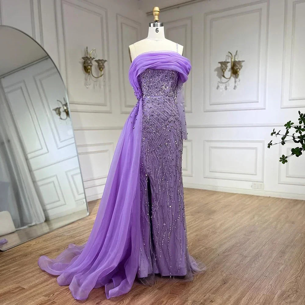 vestidos de noche de un hombro, sirena azul, perlas