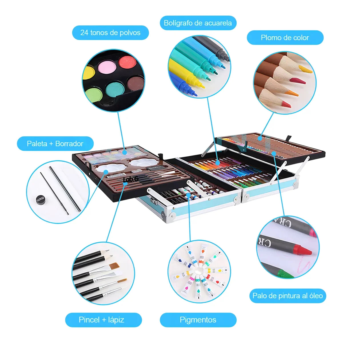 Set De Arte Lab.G Profesional Colores Lápices Kit Dibujo 145pcs Azul