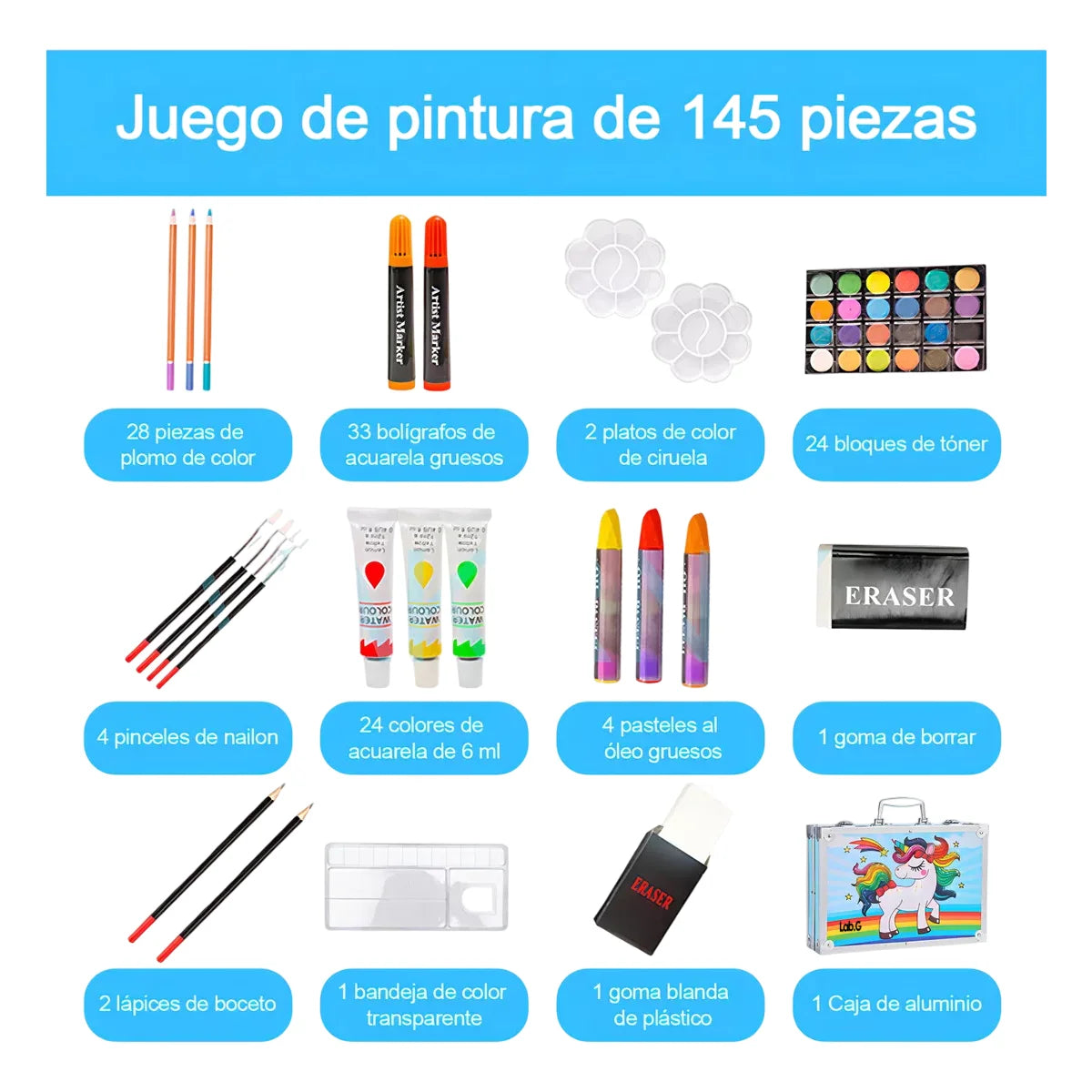Set De Arte Lab.G Profesional Colores Lápices Kit Dibujo 145pcs Azul