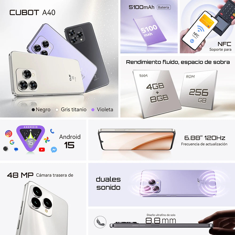 Smartphone Android 15, Cubot A40, 12 GB de RAM