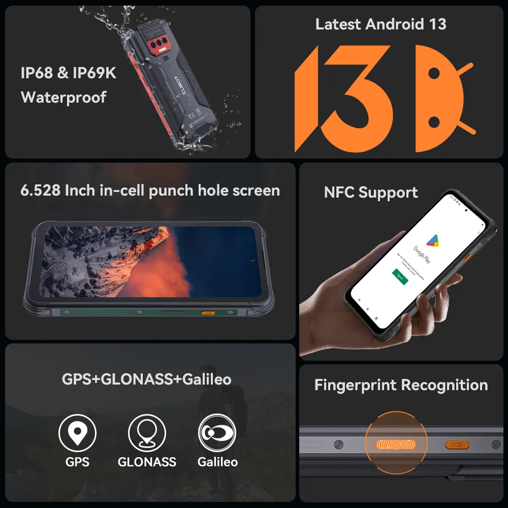 Smartphone resistente al agua IP68 Android 13, , 12 GB de RAM (6 + 6 GB), 256 GB