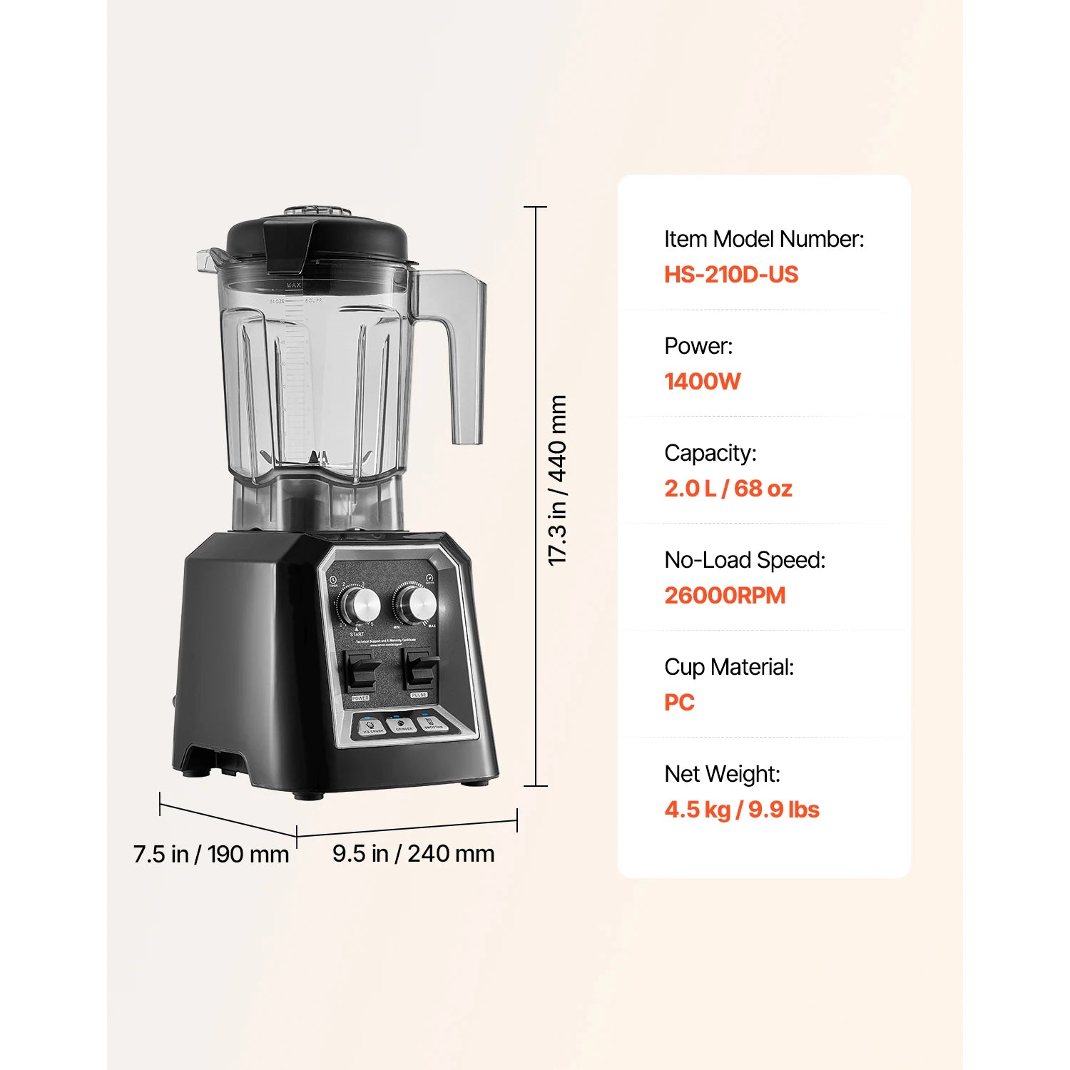 Licuadora para batidos Licuadora de 68 oz y 1400 W