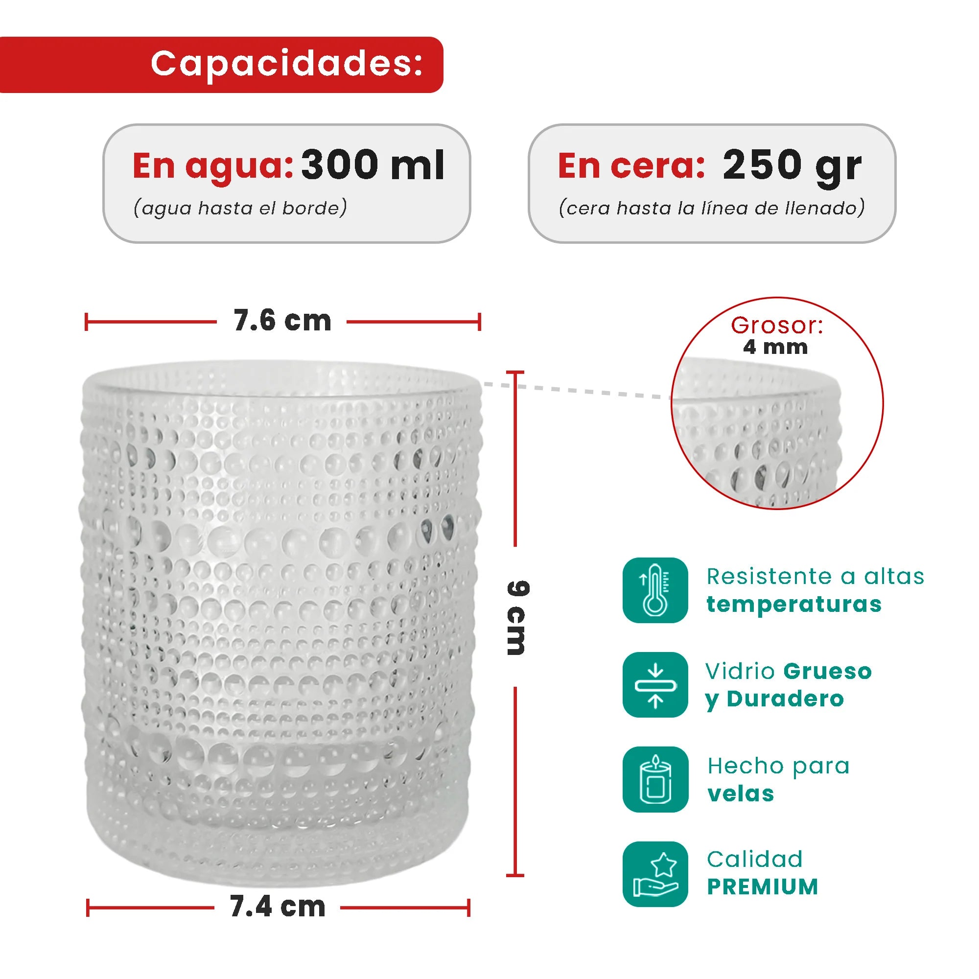 300ml - Tahití Vaso de vidrio con Diseño Perlado para velas - Frasco Transparente