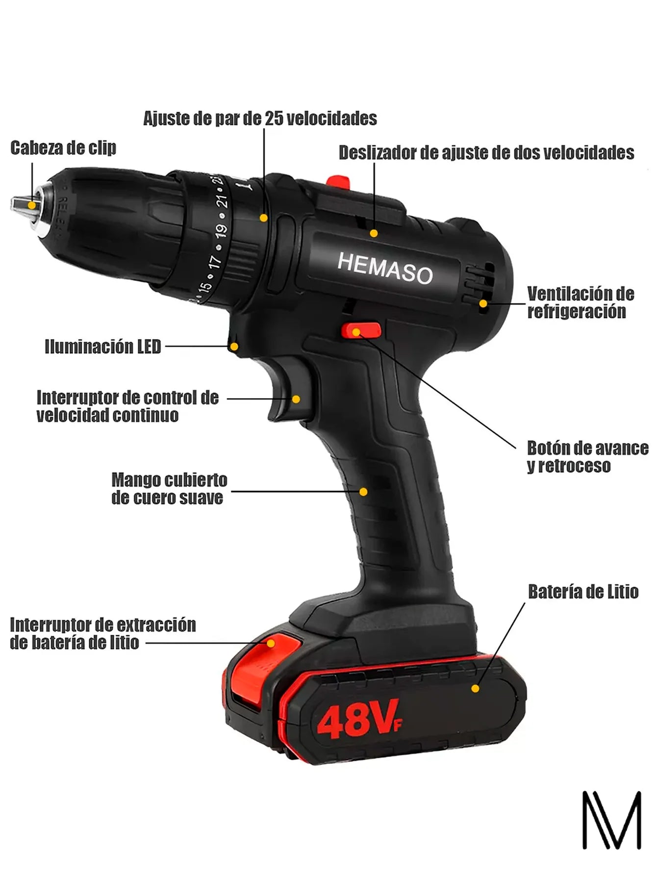 Taladro Eléctrico Inalámbrico De Mano Con 2 Baterías De 48v