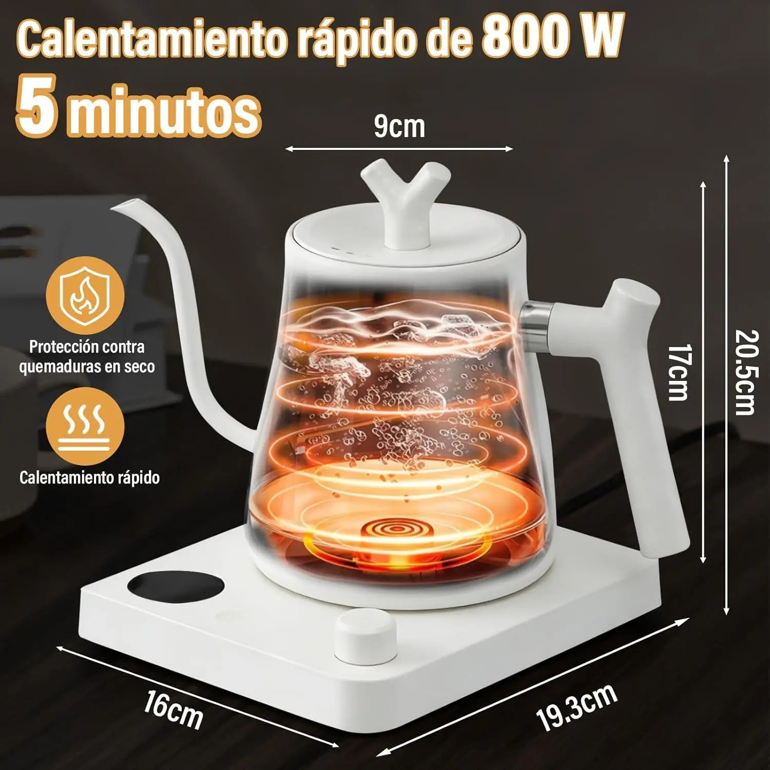 Tetera Eléctrica Cuello de Cisne 1L Acero Inoxidable 800W