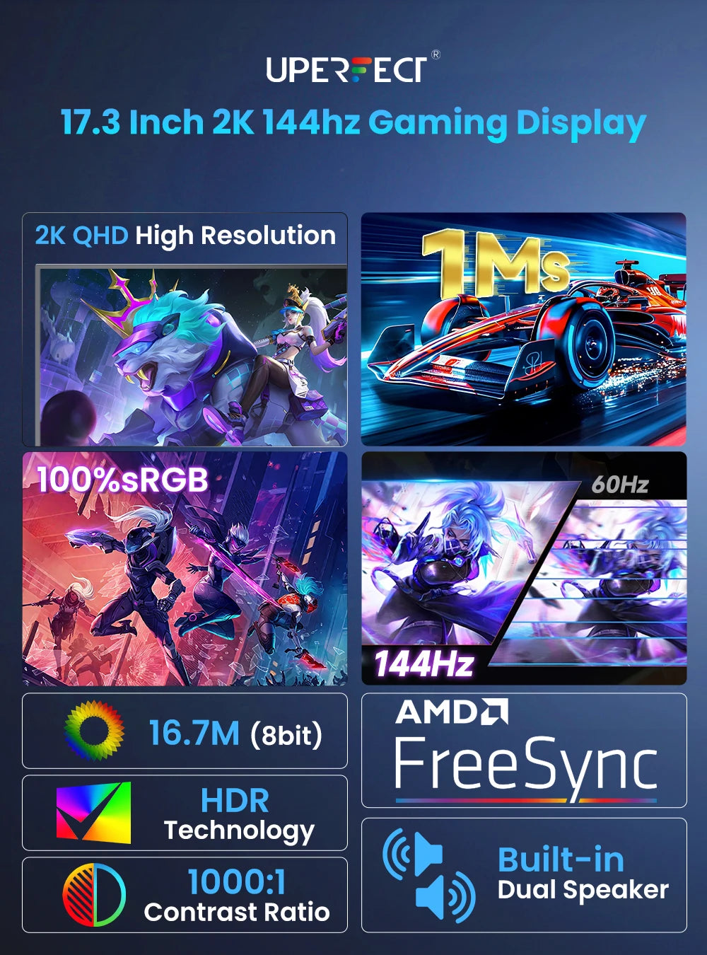 Monitor de juegos portátil 2560*1440 2K 16:9 HDMI USB C 100% sRGB pantalla Freesync para juegos