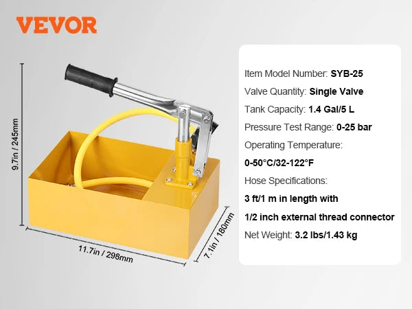 VEVOR Bomba de Prueba Hidrostática 25 Bar Kit de Probador de Presión de Agua