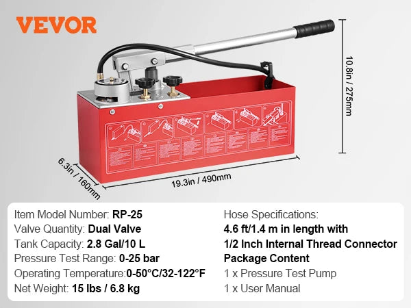 VEVOR Bomba de Prueba Hidrostática 25 Bar Kit de Probador de Presión de Agua