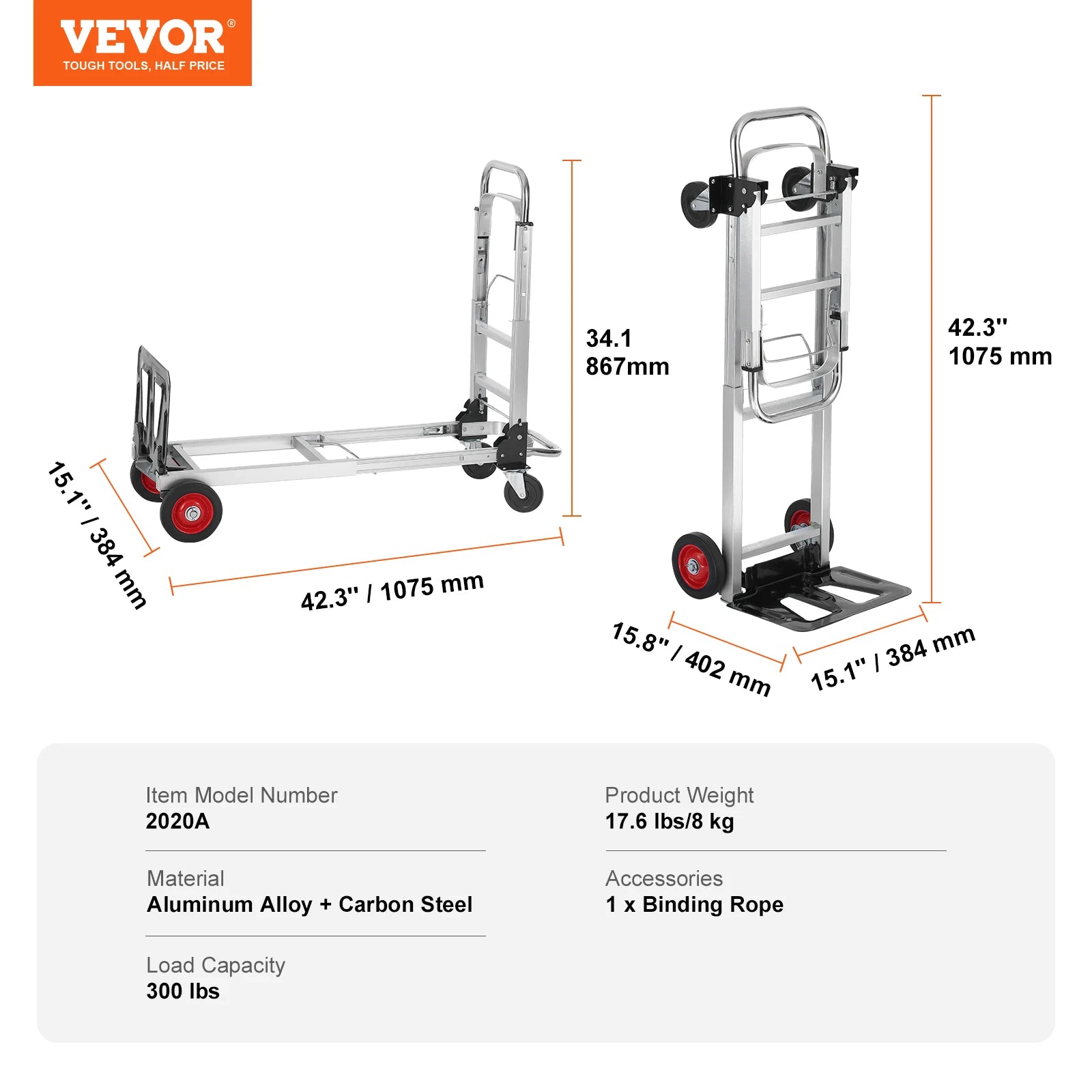 VEVOR Carretilla de Mano Plegable de Aluminio