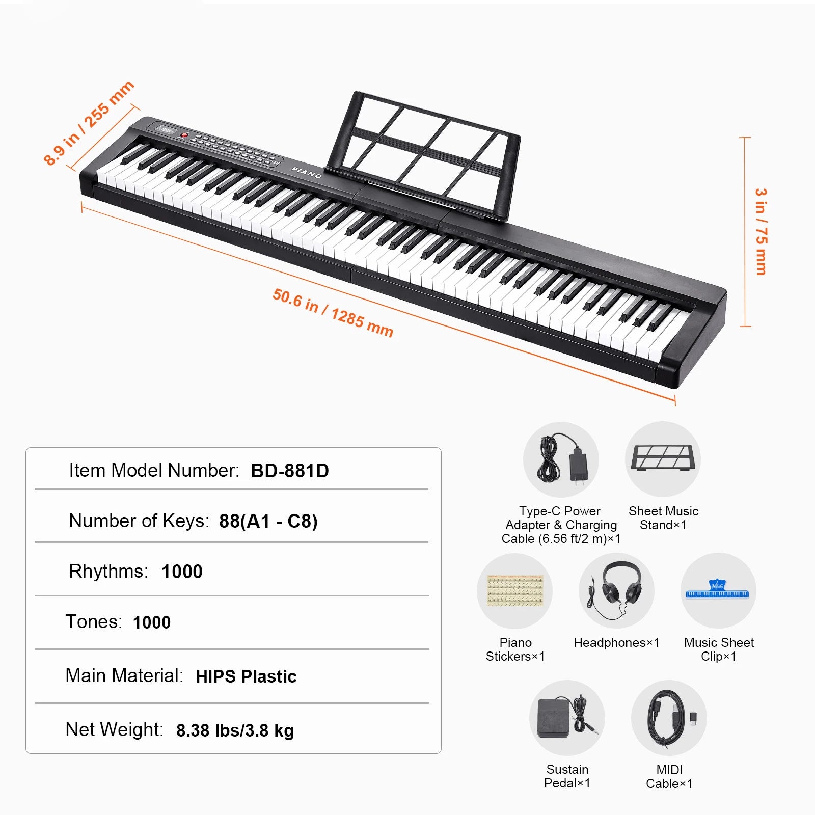 Teclado de piano digital de 88 teclas